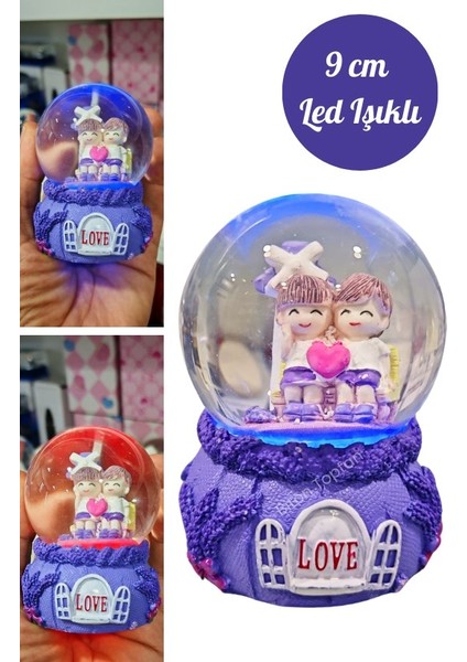 Love Sevgili Çift Temalı Mor 9 cm Orta Boy LED Işıklı Kar Küresi
