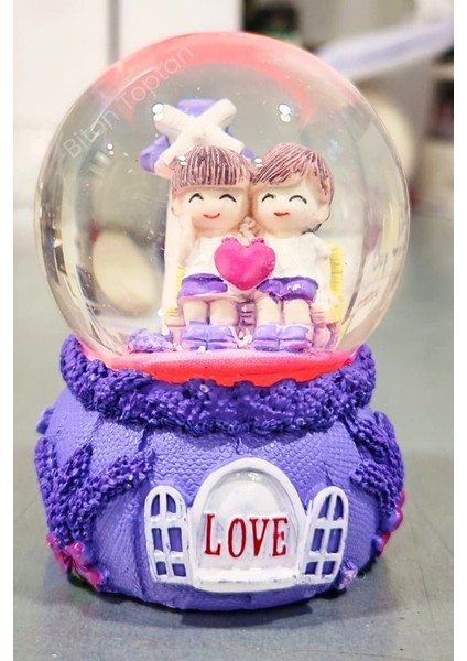 Love Sevgili Çift Temalı Mor 9 cm Orta Boy LED Işıklı Kar Küresi modelleri