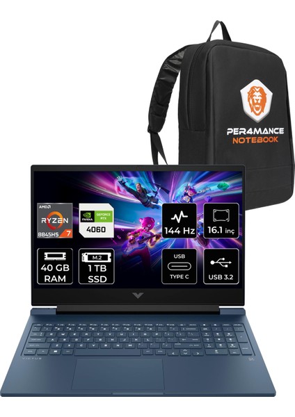 Victus 16 Amd Ryzen 7 8845HS 40GB 1tb SSD RTX4060/8GB 16.1" Fhd 144Hz Fdos Taşınabilir Bilgisayar & Per4 Çanta A05N8EAPN323