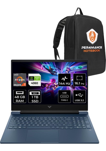 Victus 16 Amd Ryzen 7 8845HS 48GB 1tb SSD RTX4060/8GB 16.1" Fhd 144Hz Fdos Taşınabilir Bilgisayar & Per4 Çanta A05N8EAPN328