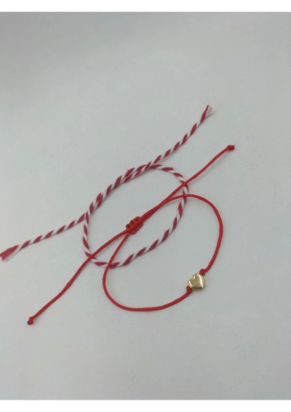 Kırmızı ve beyaz renkli deri kalp bileklik ve şans ipi seti