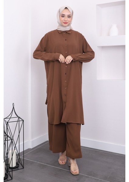 Kahverengi Yan Yırtmaçlı Tunik Pantolon Takım