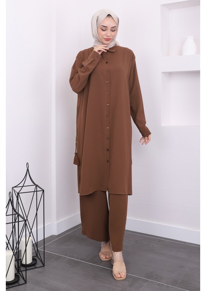Kahverengi Yan Yırtmaçlı Tunik Pantolon Takım