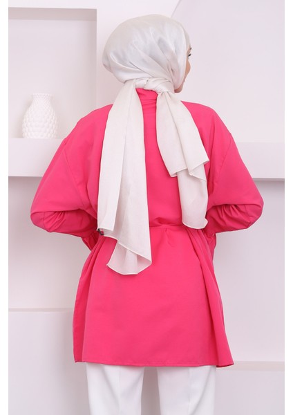 Fuşya Beli İpli Kol Detaylı Tunik