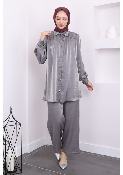 Gri Yaka Taşlı Tunik Pantolon Takım