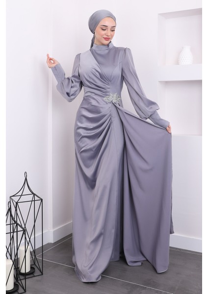 Gri Taş Detaylı Saten Abiye