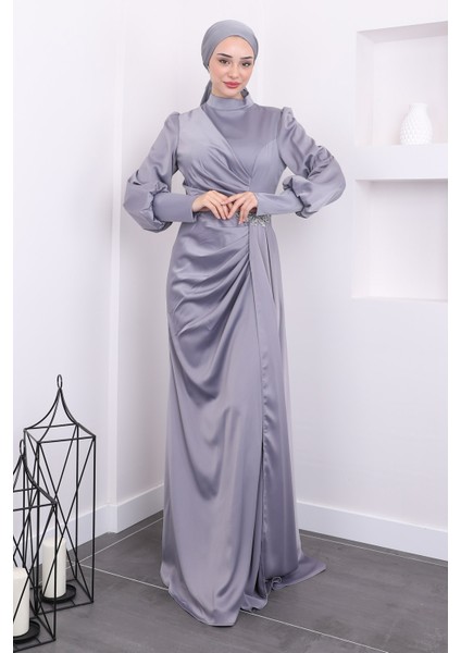 Gri Taş Detaylı Saten Abiye fiyatları