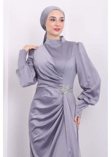 Gri Taş Detaylı Saten Abiye modelleri