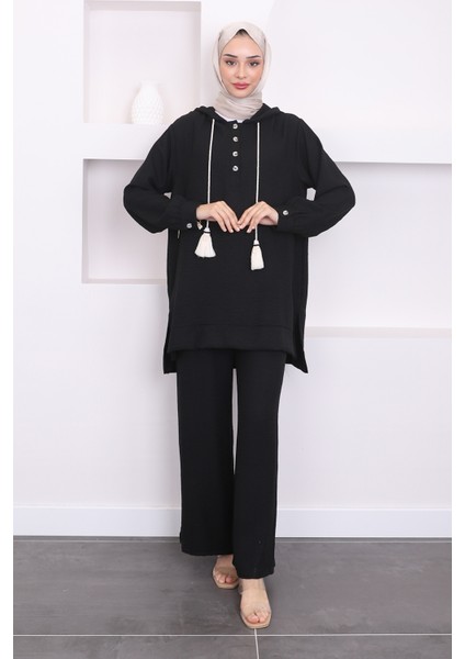 Siyah Kapüşonlu Tunik Pantolon Takım