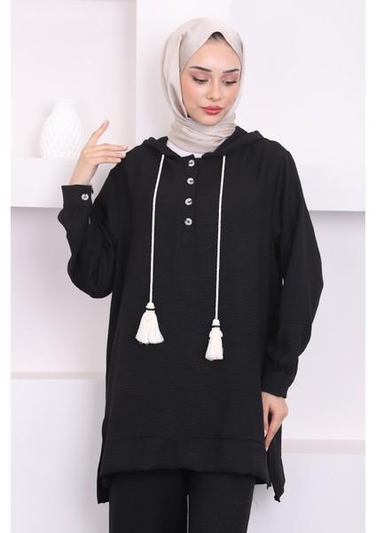 Siyah Kapüşonlu Tunik Pantolon Takım modelleri