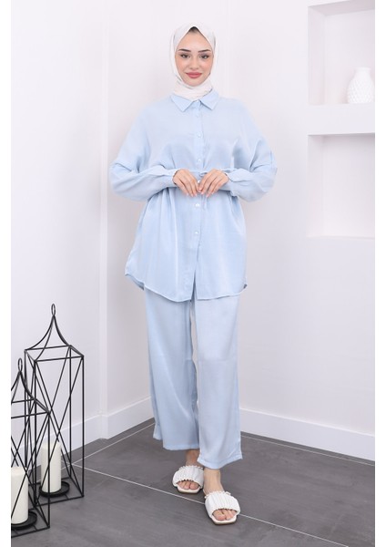 Bebe Mavi Bel Kuşaklı Tunik Pantolon Takım