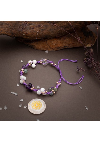 Çok Renkli Doğal Taş Makrome Bileklik, Çakra ve Ay Taşı Detayları modelleri