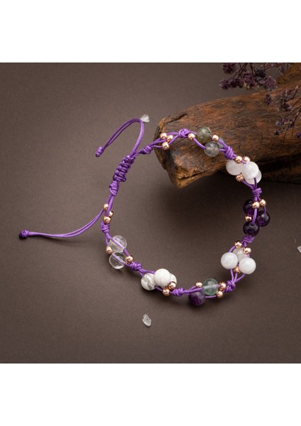 Çok Renkli Doğal Taş Makrome Bileklik, Çakra ve Ay Taşı Detayları fırsatları