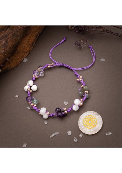 Çok Renkli Doğal Taş Makrome Bileklik, Çakra ve Ay Taşı Detayları indirimleri