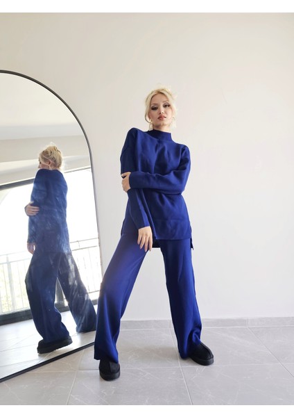 Kadın Mavi Boğazlı Triko Takım fiyatları