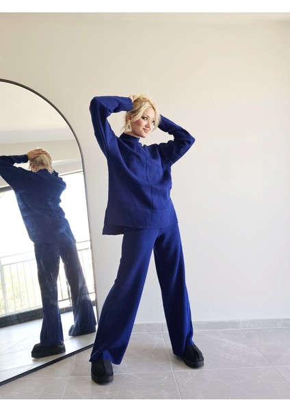 Kadın Mavi Boğazlı Triko Takım modelleri