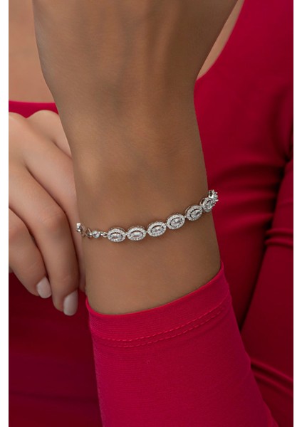 Elips Form Taşlı Sonsuzluk Zincirli Gümüş Bileklik, 925 ayar, zirkon, beyaz renk modelleri