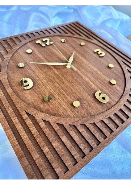 Kare Gold Rakamlı 50*50 Cm Duvar Saati - Modern Duvar Saati - Ahşap Duvar Saati - Büyük Duvar Saati