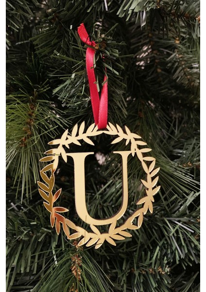 Yılbaşı Ağacı Süsü Pleksi Harf - Altın Çelenk U