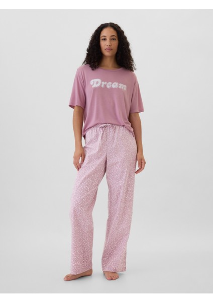 Kadın Pembe Desenli Poplin Pijama Altı