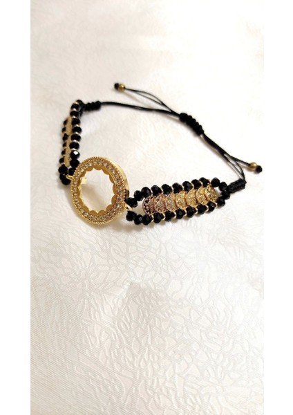 Şık siyah taş ve çeyrek altın detaylı pirinç bileklik fiyatları