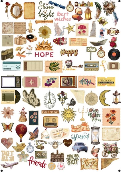 100 Adet Vintageee Eskitme Elite Sticker - Vogueee Moda - Ajanda-Planner - Bullet Journal Günlük