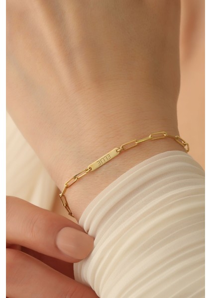 925 Ayar Gümüş Kişiye Özel İsim Yazılı Ataç Bileklik, Altın Renk, Şık ve Kişisel Tasarım