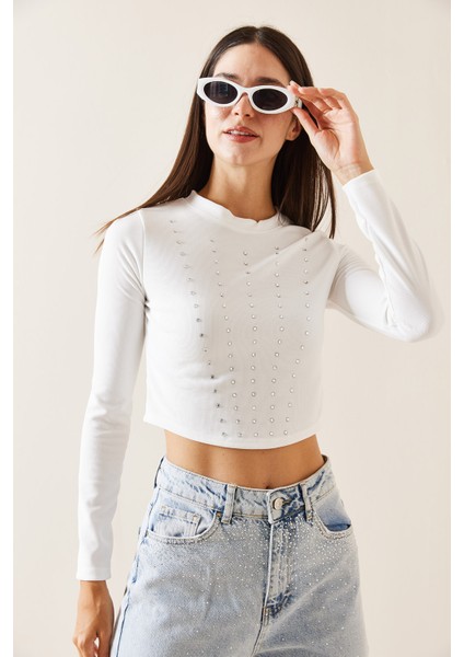 Beyaz Bisiklet Yaka Taşlı Crop Bluz 5YXK2-48936-01 modelleri