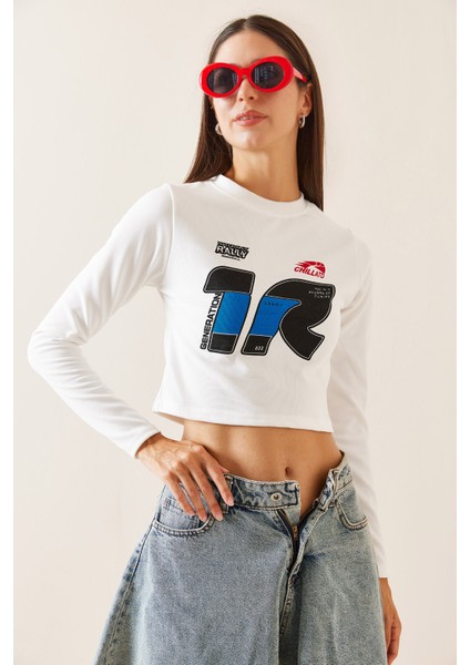Beyaz Bisiklet Yaka Baskılı Crop Bluz 5YXK2-48924-01 fiyatları