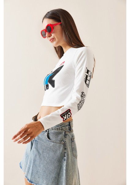 Beyaz Bisiklet Yaka Baskılı Crop Bluz 5YXK2-48924-01 modelleri