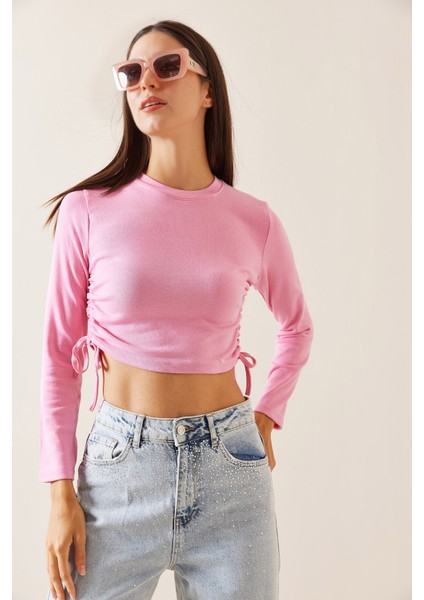 Pembe Bisiklet Yaka Yanları Büzgülü Bluz 5YXK2-48929-20 fırsatları