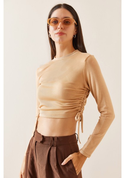 Camel Bisiklet Yaka Yanları Büzgülü Bluz 5YXK2-48929-53 fiyatları