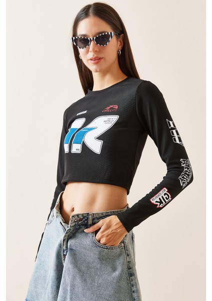 Siyah Bisiklet Yaka Baskılı Crop Bluz 5YXK2-48924-02