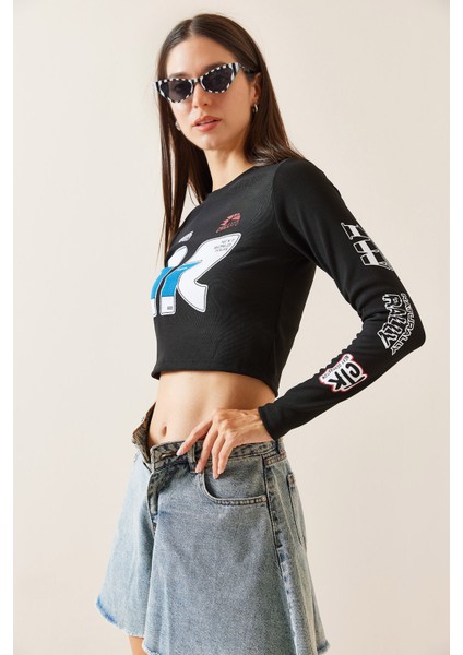 Siyah Bisiklet Yaka Baskılı Crop Bluz 5YXK2-48924-02