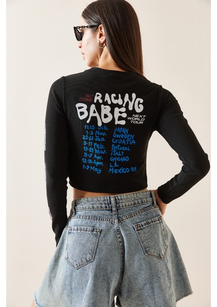 Siyah Bisiklet Yaka Baskılı Crop Bluz 5YXK2-48924-02