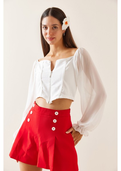 Beyaz Transparan Detaylı Fermuarlı Crop Bluz 5YXK2-48923-01 fiyatları