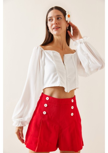 Beyaz Transparan Detaylı Fermuarlı Crop Bluz 5YXK2-48923-01 modelleri