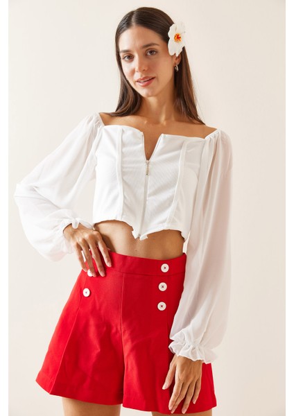 Beyaz Transparan Detaylı Fermuarlı Crop Bluz 5YXK2-48923-01 fırsatları