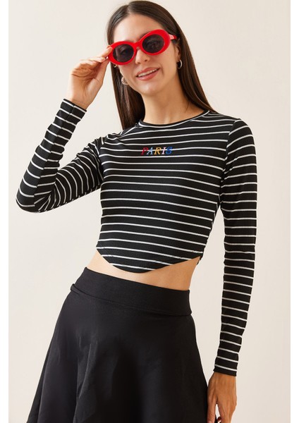 Siyah Bisiklet Yaka Çizgili Crop Bluz 5YXK2-48930-02