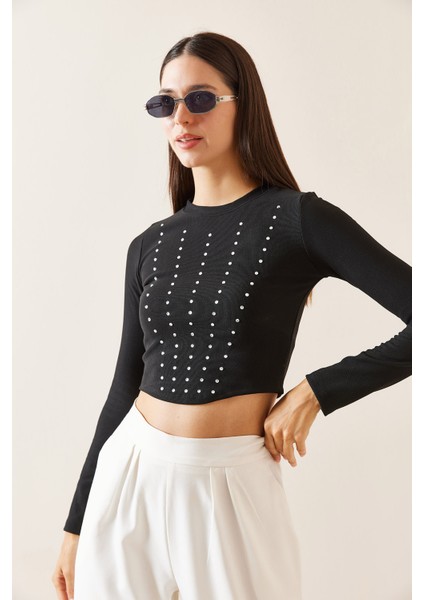 Siyah Bisiklet Yaka Taşlı Crop Bluz 5YXK2-48936-02