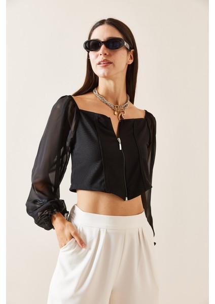 Siyah Transparan Detaylı Fermuarlı Crop Bluz 5YXK2-48923-02
