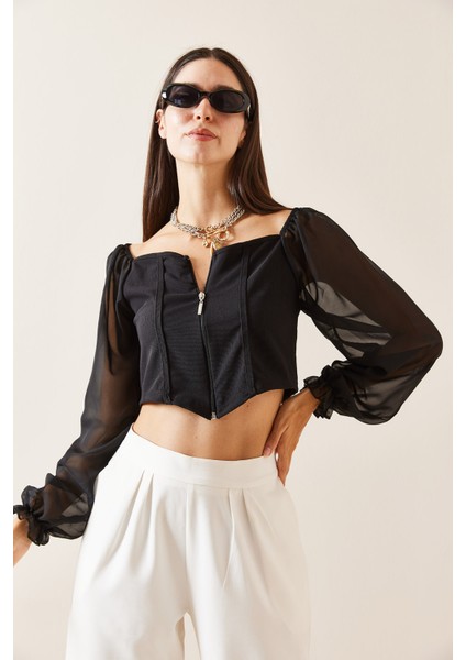 Siyah Transparan Detaylı Fermuarlı Crop Bluz 5YXK2-48923-02
