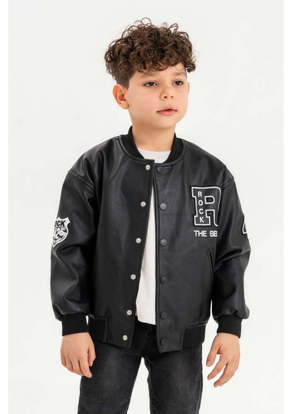 Çıtçıtlı Ribanalı R Nakışlı Erkek Çocuk Deri Ceket