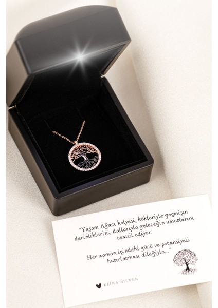 Işıklı kutuda doğal yaşam ağacı tasarımlı 925 ayar gümüş kolye, pembe doğal taşlı