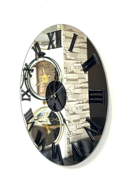 Duvar Saati 55 Cm Aynalı Duvar Saati Siyah Roma Rakamlı Duvar Saati