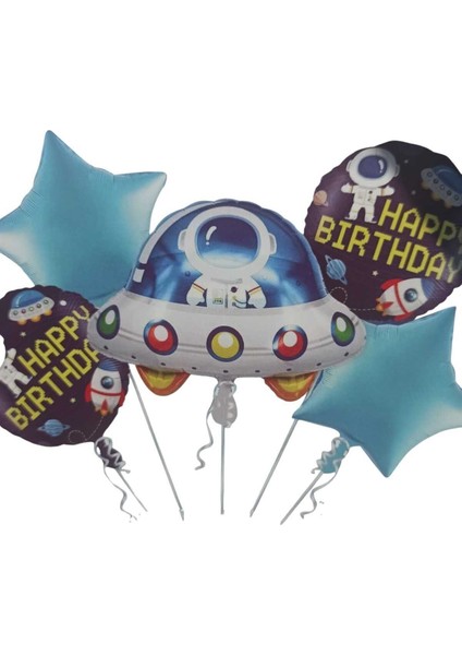 Parti Aşkı Kozmik Galaksi Uzay Ufo Konseptli Happy Birthday Folyo Balon Seti 5 Adet