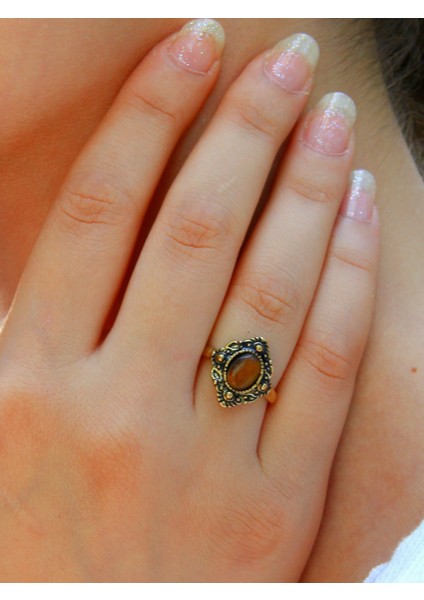 Doğal Taş Kaplangözü Doğal Taşlı Antik Ayarlanabilir Kadın Yüzük EUY20KG