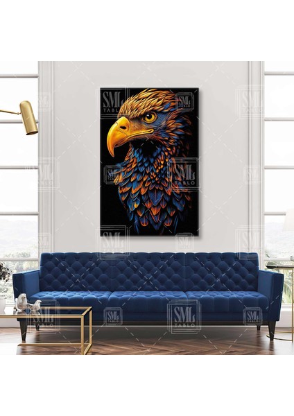 Sarı Kartal Kafası Eagle Head Mavi ve Turuncu Tonlar Asi Hayvan Dikey Kanvas Tablo