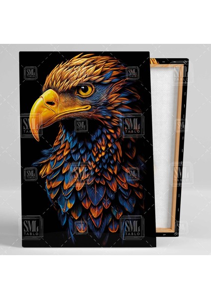 Sarı Kartal Kafası Eagle Head Mavi ve Turuncu Tonlar Asi Hayvan Dikey Kanvas Tablo