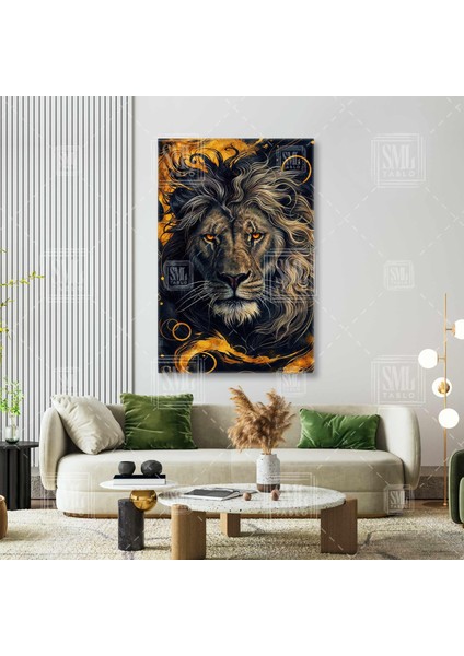 Gold Detaylı Aslan Vahşi Ormanlar Kralı Altın Dekor Dikey Kanvas Tablo